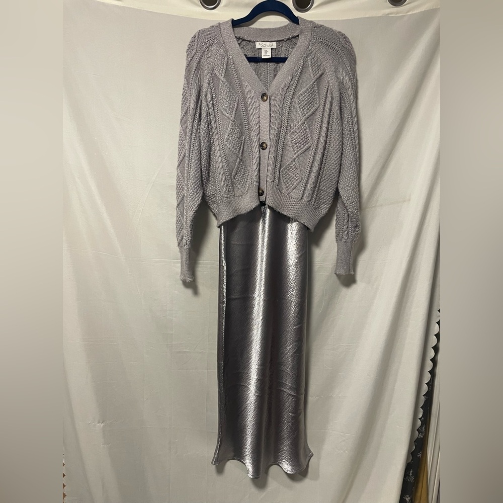 Elegant Gray Knit Cardigan and Silver Dress Set
